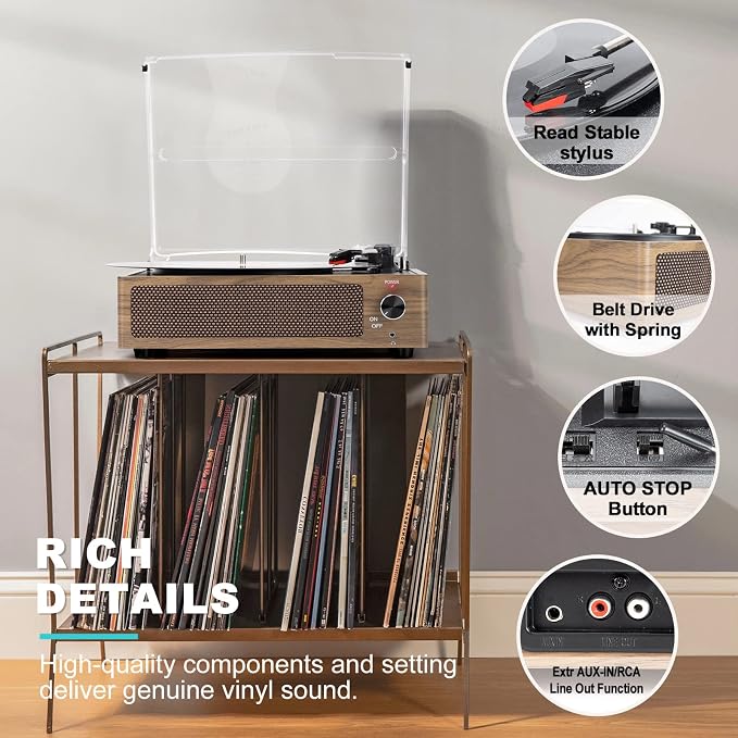 Record Player with Speakers Vintage Turntable for Vinyls Records Belt-Driven Turntables LP Vinyl Players Support Auto Stop 3-Speed 3 Size Wireless Playback Headphone AUX RCA Line Out Wood Retro Cyan
