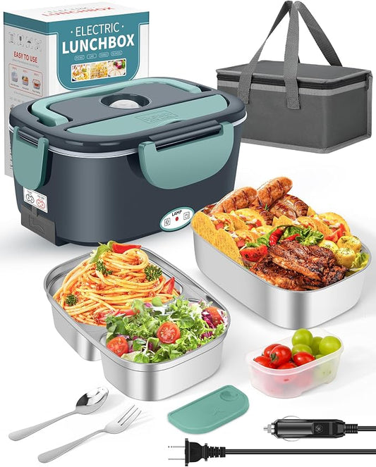 Eocolz Electric Lunch Box Food Heater, Food Warmer 1.5L Portable Heated Lunch Box for Car Truck Work Stainless Steel Fork & Spoon 12/24/110V for Adults Lonchera Eléctrica (gray-blue)