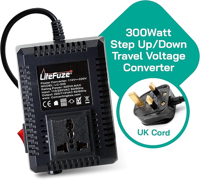 LiteFuze 300 Watt Step Up/Step Down Travel Voltage Converter, 220/110v to 110/220v converter with Type G Plug - Compatible with Hair Straightener, Camera, Laptop & More