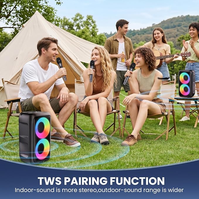Bluetooth Speaker with 3 Wireless Microphones，Portable Party Speaker for Adults & Kids with Lights,Speakers Bluetooth Wireless，Floorstanding Speakers Support TWS/AUX/USB/TF Card for Home Party Gift