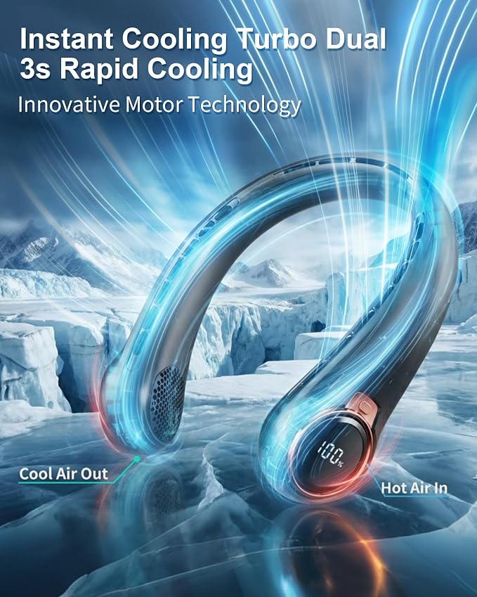 BNBZ Portable Neck Fan, 6000mAh Rechargeable Fan Blows Cold Air with LED Display, 4 Speeds, 20H Runtime, Quiet Wearable 360° Personal Cooling Fan for Outdoor Travel Work Gym,Fireplace Fans