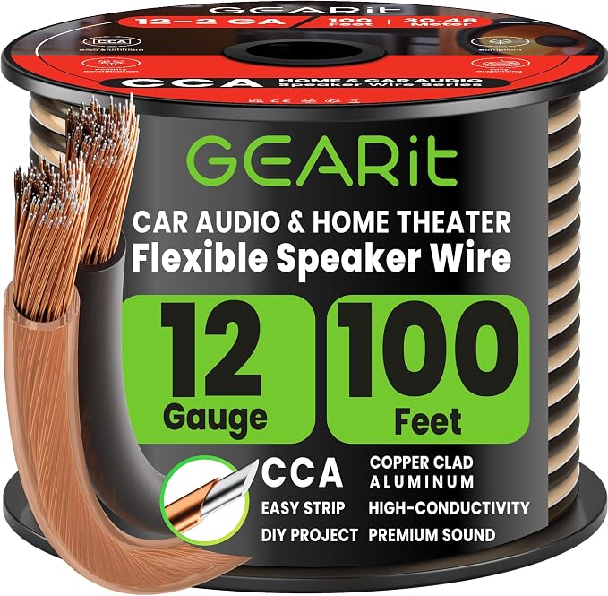 GEARit Speaker Wire 12 Gauge 100 ft,Speaker Cable with Foot Markers & Polarity Markings,12 Gauge Wire for Car Audio & Home Theater Speakers,Audio Cable for DIY Installations,CCA(Black Clear)
