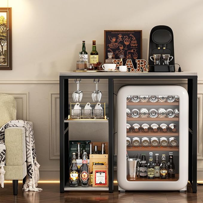 Homieasy Mini Fridge Cabinet with Power Outlet, Coffee Bar Cabinet with Mini Fridge Space, Industrial Liquor Cabinet with Wine Storage & Glass Holder for Dorm, Living Room, Home Kitchen, Light Oak