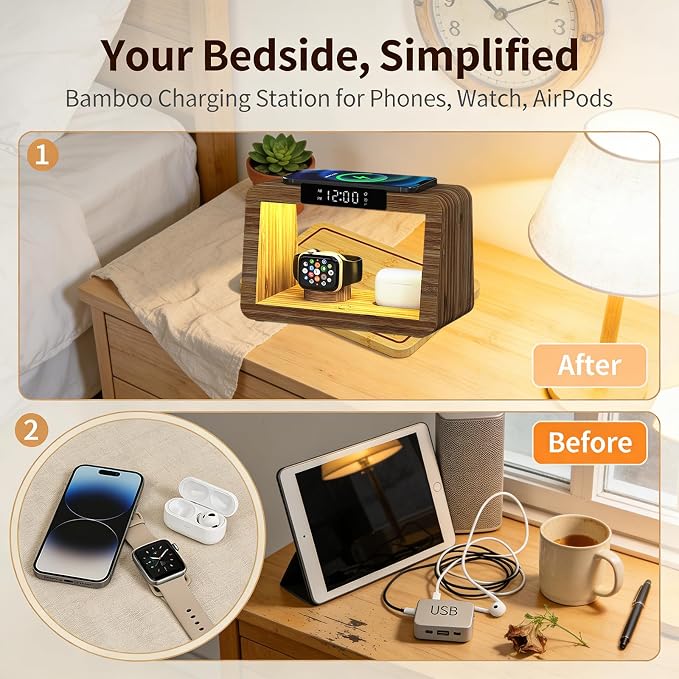 Bamboo Charging Station with Alarm Clock, 15W Fast Wireless Charger with Stepless Dimmable Night Light, 5 in 1 Wood Style Nightstand Organizer Compatible with iPhone/iWatch/AirPods