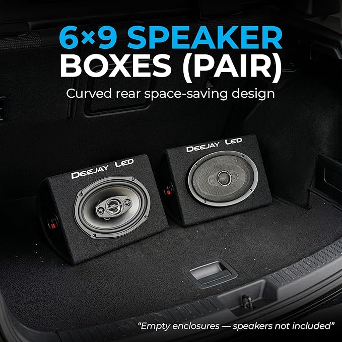 DEEJAY LED 6x9 Speaker Box Enclosures (Pair), Curved Rear Design, MDF Wood with Heavy-Duty Black Carpet, Quick Release Terminals, Universal Fit for Trucks and SUVs