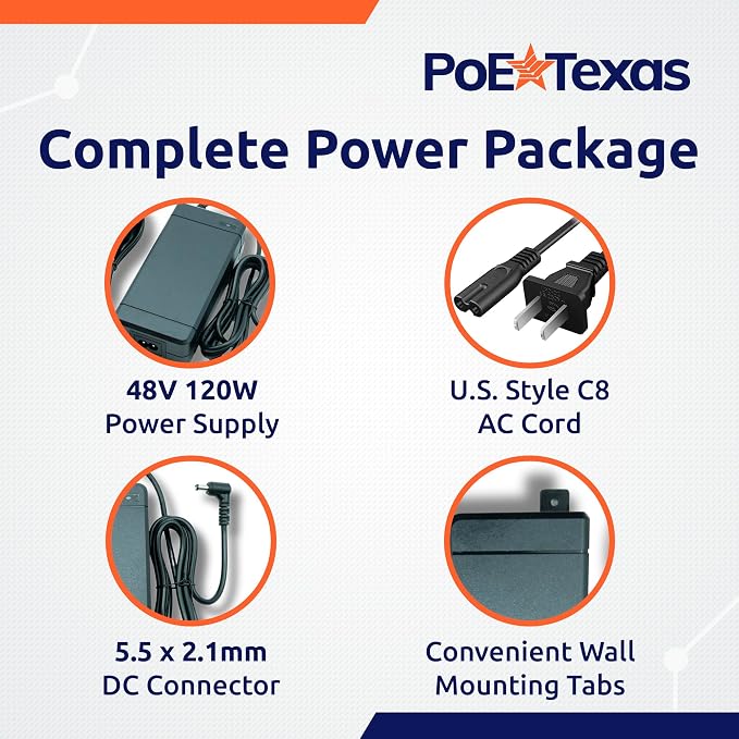 PoE Texas 48 Volt 120 Watt DC Power Supply with Wall Mount Tabs - Compatible with Power Over Ethernet Injectors, Switches, and Other Applications - 100-240V AC Input - 5.5X 2.1mm DC Barrel Connector