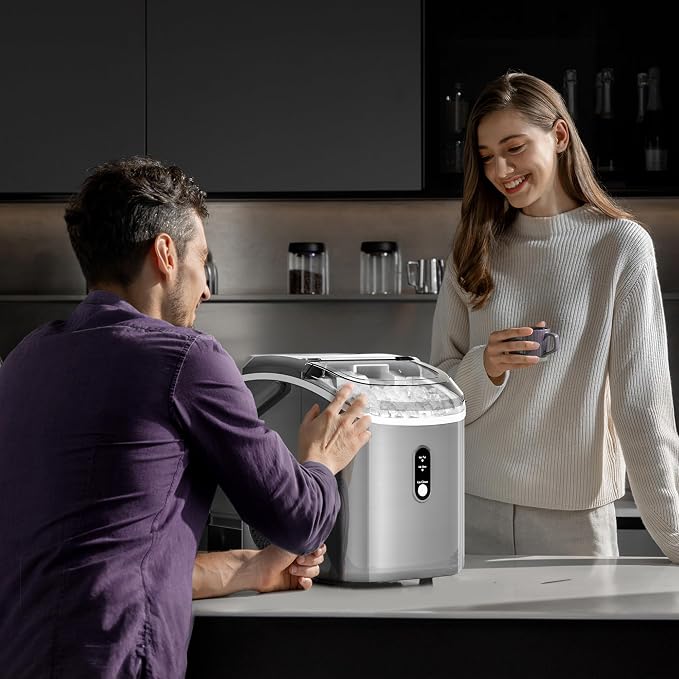 Kismile Nugget Ice Makers Countertop,35Lbs/24H,Portable Ice Machine with Crushed Ice,Self-Cleaning Function,One-Click Operation for Home/Office(Grey)