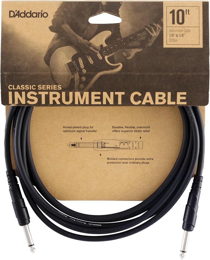 D'Addario Guitar Cable - 1/4 Inch Male to 1/4 Inch Male - Classic Series - 10 Feet/3.05 Meters - Straight - 1 Pack