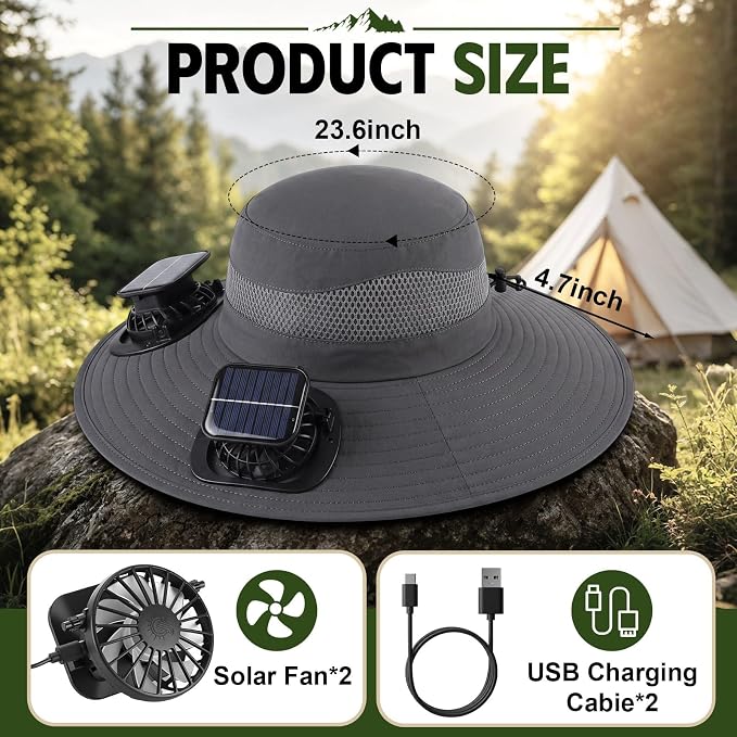 Syhood Solar Powered Fan Hat Neck Gaiter Arm Sleeves Sun Bucket Hat with Fan Cooling Wide Brim Hats for Fishing Hiking