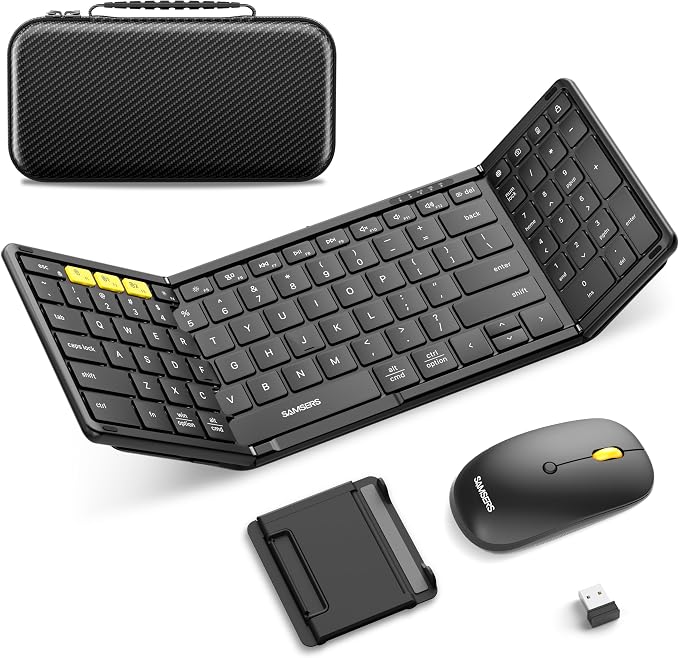 Foldable Keyboard and Mouse, Samsers Folding Bluetooth Keyboard Combo, 2.4G + BT5.0 x 2, Full-Size Portable Travel Keyboard & Rechargeable Wireless Mouse for Windows Android iOS Mac OS, Elegant Black