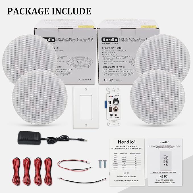 Herdio 6.5'' Bluetooth in Wall in Ceiling Speakers 600W 2-Way Flush Mount Speakers System with Wall Amplifier Receiver for Home Theater Office (2Pairs, Paintable-Grille)