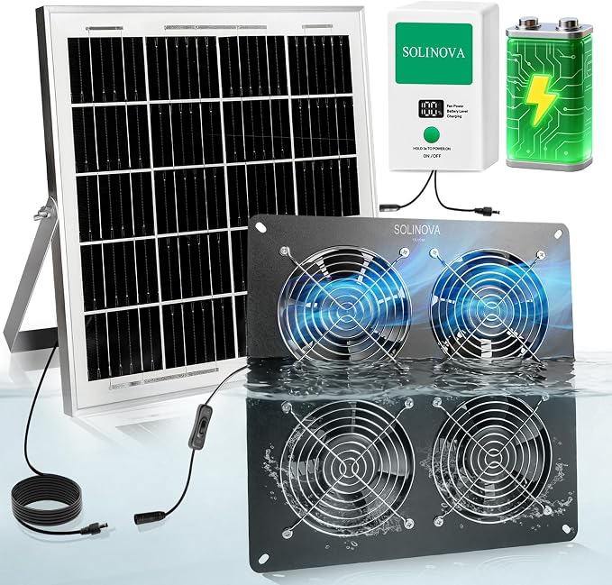Solar Exhaust Fan, 25W Solar Powered 4-Fan with 7500mAh Battery, 4Pcs IP68 Waterproof Solar Fan, High Speed Solar Powered Exhaust Fan Kit with Bracket for Shed, Chicken Coop, Greenhouse, Dog House