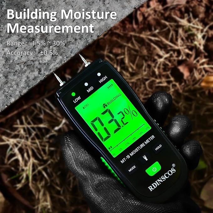 RDINSCOS Digital Wood Moisture Meter | Firewood and Lumber, Replaceable pins, Wall and Building, Humidity Tester,Built in Flashlight