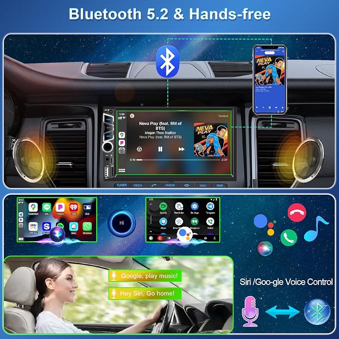 7" Double Din Car Stereo with Wireless Apple CarPlay,Car Radio Build-in Bluetooth 5.2,IPS Touchscreen 1024x600,FM Radio,Backup Camera,Dual USB,Type-C Fast Charging,GPS Navigation,Subwoofer,Car Play