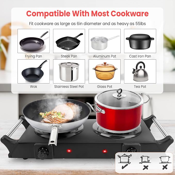 Moclever Hot Plate Electric Stove, 2000W Portable Cooking Stove w/Cooling Handle, 5 Levels of Adjustable Temperature, Countertop Burners Dual Coil Burner for Home RV Camping, Fits All Cookware