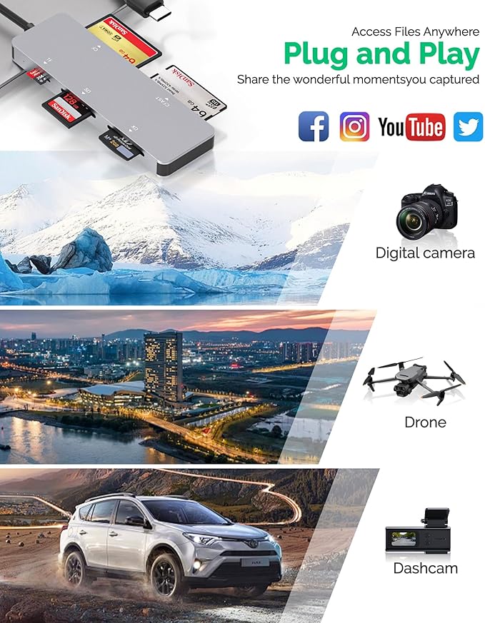 CFast 2.0 Card Reader, 5-in-1 USB A & USB C CFast Card Reader/SD/Micro SD/XD/CF Card Reader, 5Gbps Multi Memory Card Adapter Simultaneous Read CFast/CF/SD/TF/XD Cards for Camera/Computer/Phone/PC