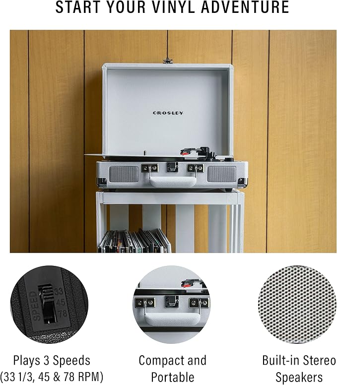 Crosley CR8005F-WS Cruiser Plus Vintage 3-Speed Bluetooth in/Out Suitcase Vinyl Record Player Turntable, White Sand
