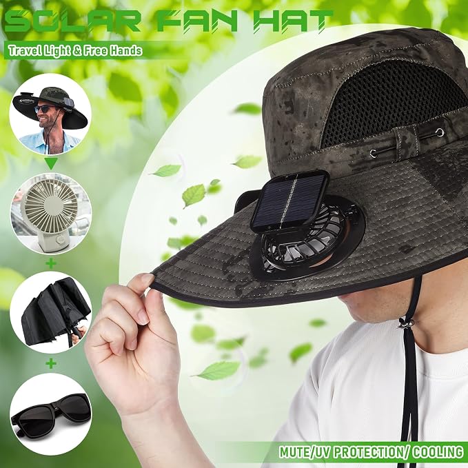 Berlune Sun Hat with 2 Solar Fan Wide Brim Fishing Bucket Hat USB & Solar for Men Women UPF 50+ Cooling for Fishing Beach