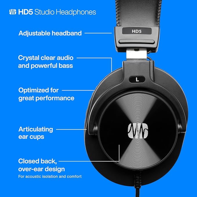 PreSonus HD5 Professional Monitoring Headphones —Wired, Closed-Back, Over-Ear Studio Recording Headphones for Professional Mixing and Monitoring