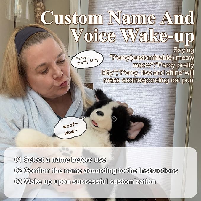 Chongker Interactive Companion Robot Cat, Weighted Breathing Stuffed Animals, Cat Plush Toy with Meow Voice, Breathing, Response, Realistic Heartbeat and Purring (Border Collie)