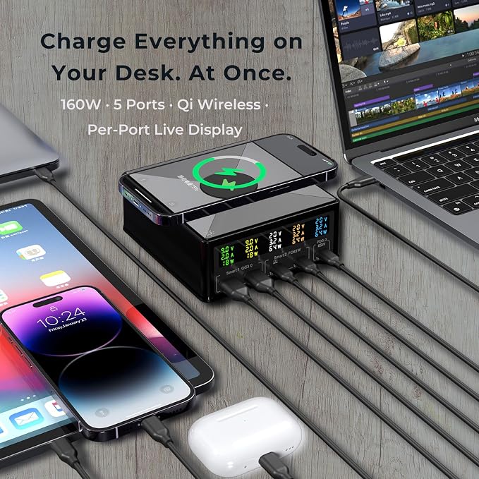 160W Desktop Charging Station 6-in-1: USB-C PD 65W Laptop Charger, QC 3.0, Qi Wireless Pad, Per-Port Digital Display On/Off – for MacBook, iPhone, Samsung, Pixel