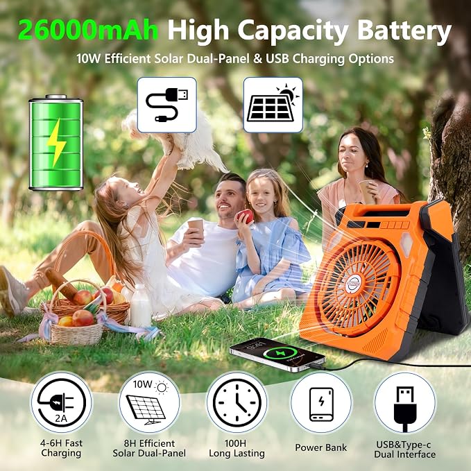 Battery Solar Powered Fan with LED Light & Flashlight, 180° Oscillation 26000mAh Ventilador Recargable Camping Fan 10W Fast Charging Solar Dual-Panel Portable Cordless Fans for Outside, Beach, Hiking