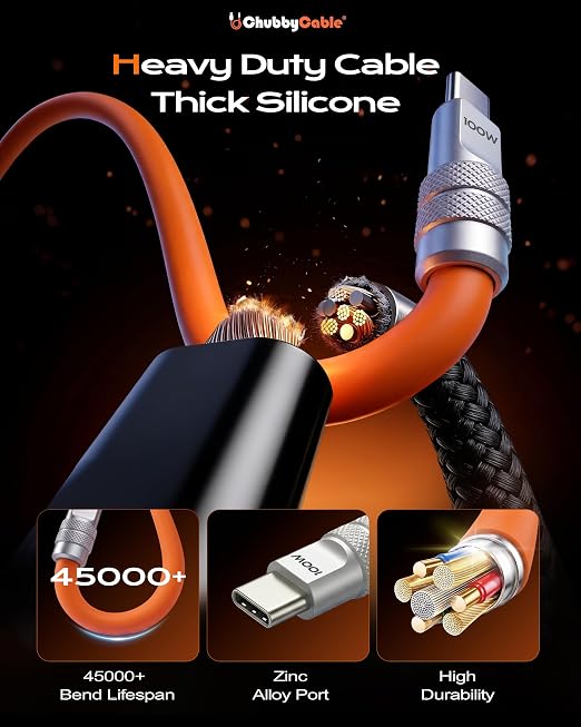 chubbycable Solo-Flex 2-in-1 USB-C Cable with Apple Watch Charger, Built-in 5W Magnetic Charger for Apple Watch, 100W Fast Charging, 4FT Thick Silicone Cable, Orange