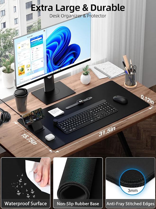 Mouse Pad with Magnetic Wireless Charging Phone Stand, 31.5"x15.8" Large, Waterproof Smooth Surface, Non-Slip Base, No Adapter
