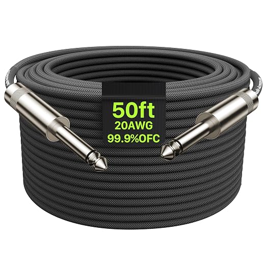 AA AUDIO ACCESSORY 50 ft Guitar Cable, 20AWG 99.99% OFC - A Must for Long Instrument Cable, Nylon Braided Anti-Kinking Kevlar-Reinforced 1/4 TS Cord, Shielded Bass Cord for Fender Electric Guitar
