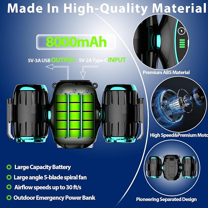 Portable Waist Fan, Shirt Fan with Light, 2025 Upgrade Cool Clip Rechargeable,8000mAh Power Bank,4 Speeds 12000RPM Strong Airflow for Camping Travel Fishing Hiking Cycling (Green Black)