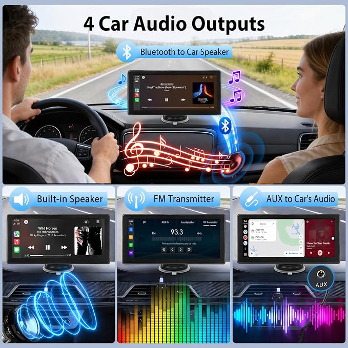 9 Inch Carplay Screen for Car, Wireless CarPlay & Android Auto | Portable Touchscreen with Bluetooth, FM, Mirror Link, Voice Control, GPS Navigation, Hands-Free Calling, Plug & Play