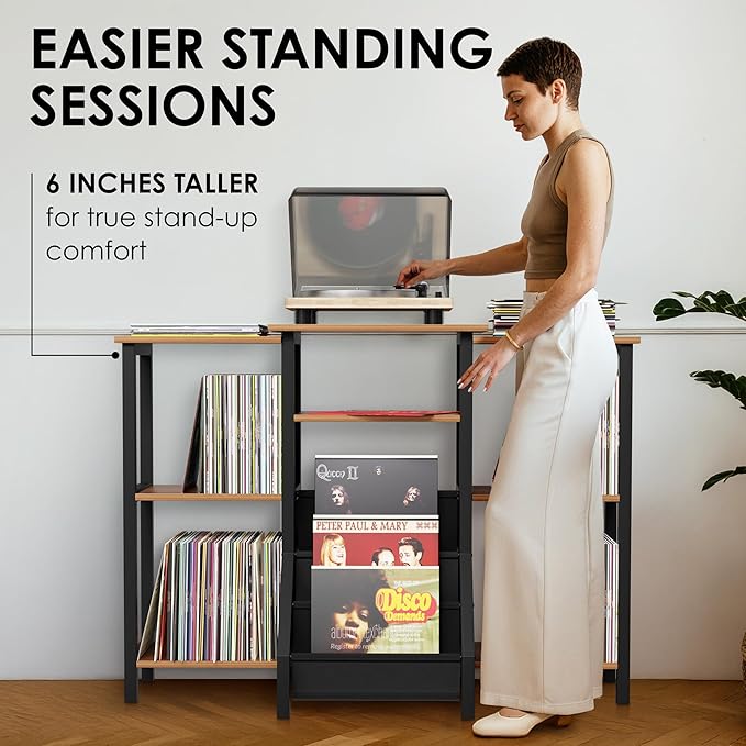 Record Player Stand With Vinyl Storage - Tall 36" Turntable Cabinet With Storage - Mid Century Modern Record Player Table - Vinyl Record Storage Shelf For 300+ Albums