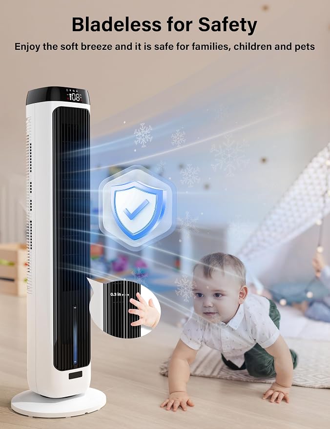 PNTCK 41" Evaporative Air Cooler Swamp Cooler with 3 Speeds, 5 Modes, 12H Timer, Remote, 80° Oscillation, LED Display, Bladeless Tower Fan Cooling Fan for Bedroom Office Large Room Indoor Use