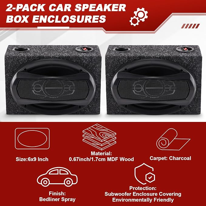 2 Pcs 2-Way Coaxial Car Audio Speakers with Speaker Box Enclosures Set 6 x 9 Inch 1000 W Max Power Constructed Car Stereo and Sound System Accessories Portable Audio Equipment for Vehicles