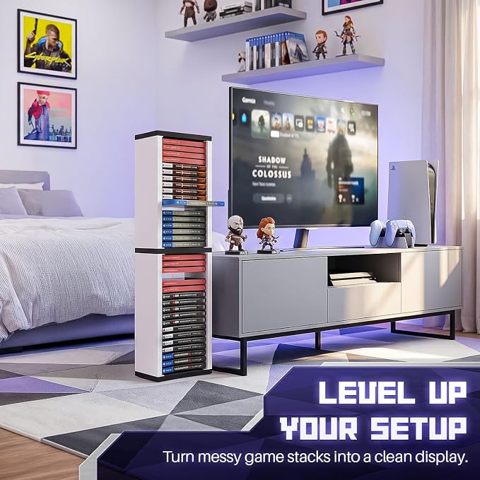 TNP Universal Video Game Storage Tower for PS5, PS4, PS3, Nintendo Switch, Xbox One, Xbox Series S/X - White Video Game Holder Organizer Stand with 36 CD Case Storage for Organizing & Displaying