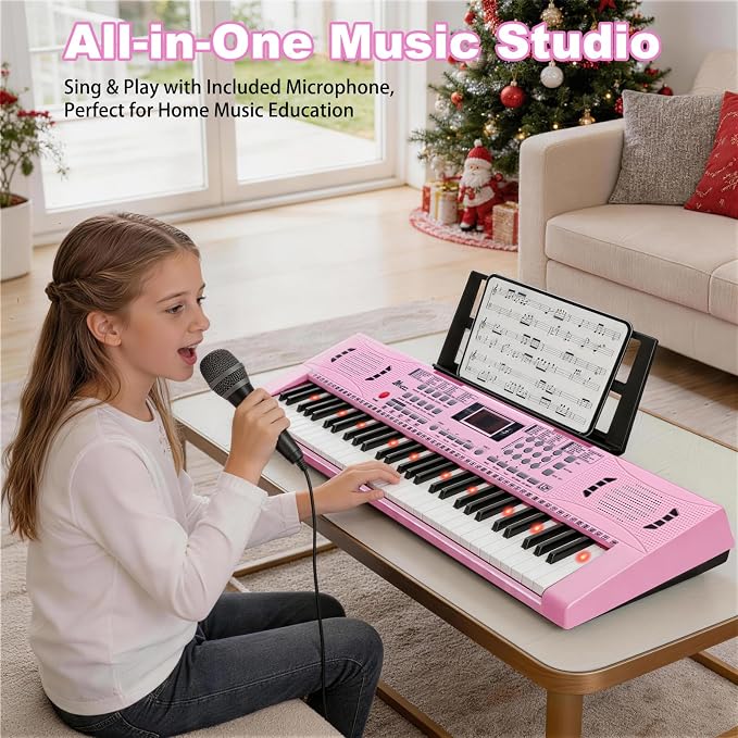 Keyboard Piano 61 Lighted Keys, Electric Keyboard Kit with 100 Voices, 100 Rhythms - Built-In Speaker, Microphone, Sheet Stand and Power Supply, Gift for Children Beginners [Pink, Piano Only]