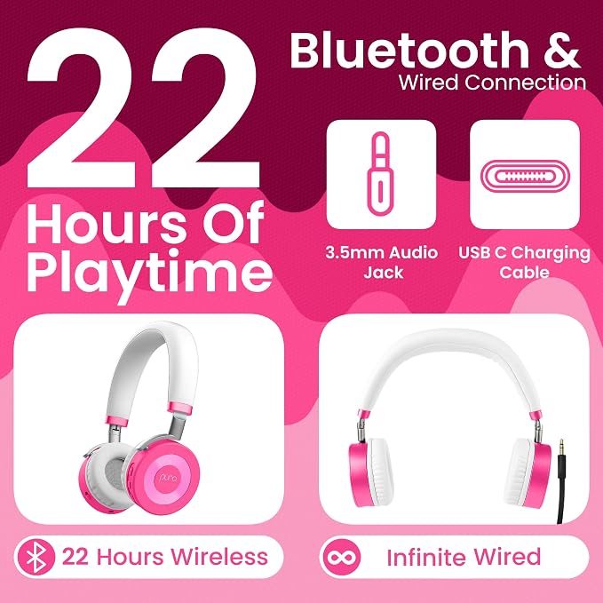 Puro Sound Labs JuniorJam Plus Volume-Limiting Wireless Bluetooth Headphones for Kids, Secure Audio with Adjustable On-Ear Design, 22-Hour Battery Life, Ideal for Tablets, Smartphones & PCs - Pink