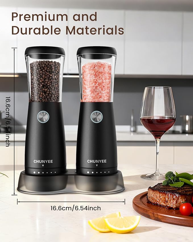 Electric Salt and Pepper Grinder Set - Automatic Stainless Steel Rechargeable Salt and Pepper Grinder Set with Storage Base, Large Capacity, LED Light & Adjustable Coarseness, Ideal Kitchen Gadget
