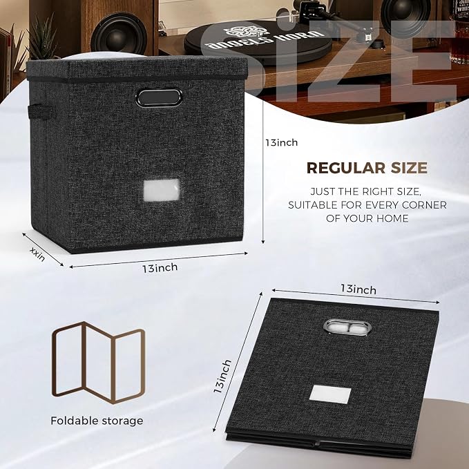 Vinyl Record Storage Box Set of 2 - Album Storage Holds 100+ Single Records, Decorative LP Storage Organizer Crate with Lid, Sturdy Moving Boxes for Vinyl, Easy to Carry and Organize Your Music Album