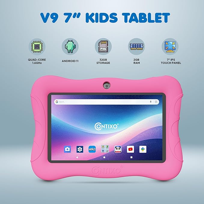 Contixo 7 inch Kids Tablet Bundle - Android Tablets and Kids Wired Headphones, with 14+ Games and Educational Apps, WiFi, 32GB ROM, Learning Tablet for Kids - Pink