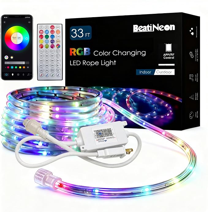 RGB Smart IC Strip Lights with APP Control, 33FT RGB+IC LED Color Changing Rope Lights Outdoor, 13MM Waterproof Neon LED Music Sync Tube Light for Bedroom Living Room Patio Christmas Hoilday