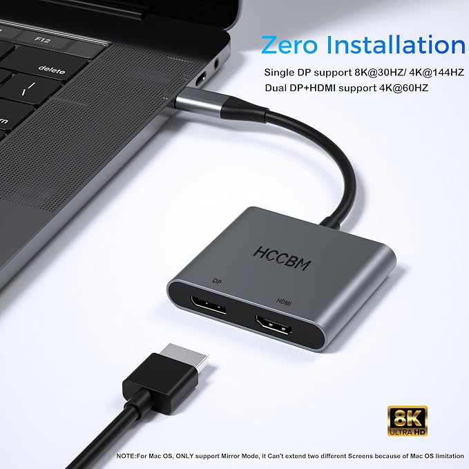 USB C to DisplayPort(DP) and HDMI Adapter 8K, Dual Monitor Adapter for Dell HP Surface Laptops,Thunderbolt 3/USB C Type C to HDMI DP Hub Dongle 4K @60hz.