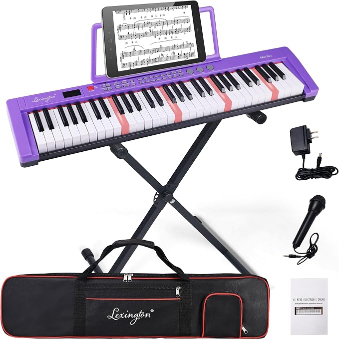 Lexington 61 Key Keyboard Piano, Complete Electronic Piano Keyboard Set for Beginners Adults, Portable Music Keyboard with Lighted Keys, Teaching Modes, Stand, Case, Microphone (Purple)