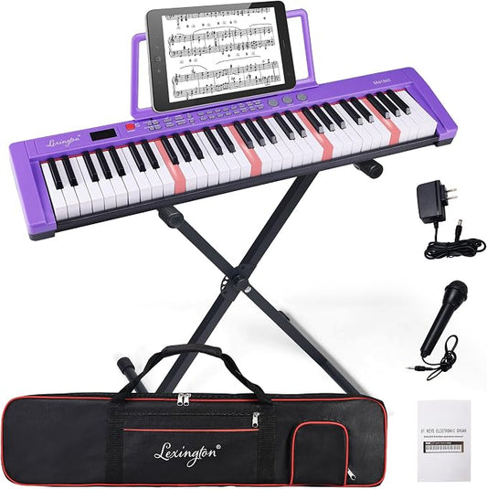 Lexington 61 Key Keyboard Piano, Complete Electronic Piano Keyboard Set for Beginners Adults, Portable Music Keyboard with Lighted Keys, Teaching Modes, Stand, Case, Microphone (Purple)