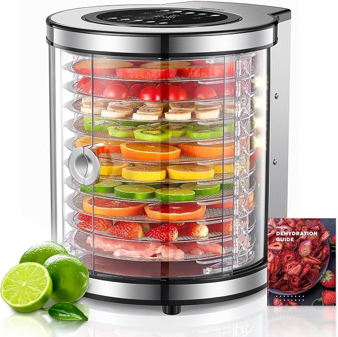 Reemix10-Tray Stainless Steel Food Dehydrator, 360° Rotating Cylinder Design for Even Drying, Large Capacity Transparent Food Dryer for Fruit, Meat, Vegetables, Pet Treats, Home Use