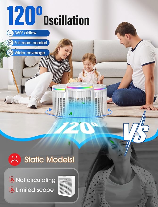 Portable Air Conditioners,Personal Mini Air Conditioner Fan with 1200ml Water Tank,4 in 1 Evaporative Air Cooler Cooling Fan with 2 Modes,3 Speeds,7 Night Lights, Portable AC for Bedroom, Office, Desk