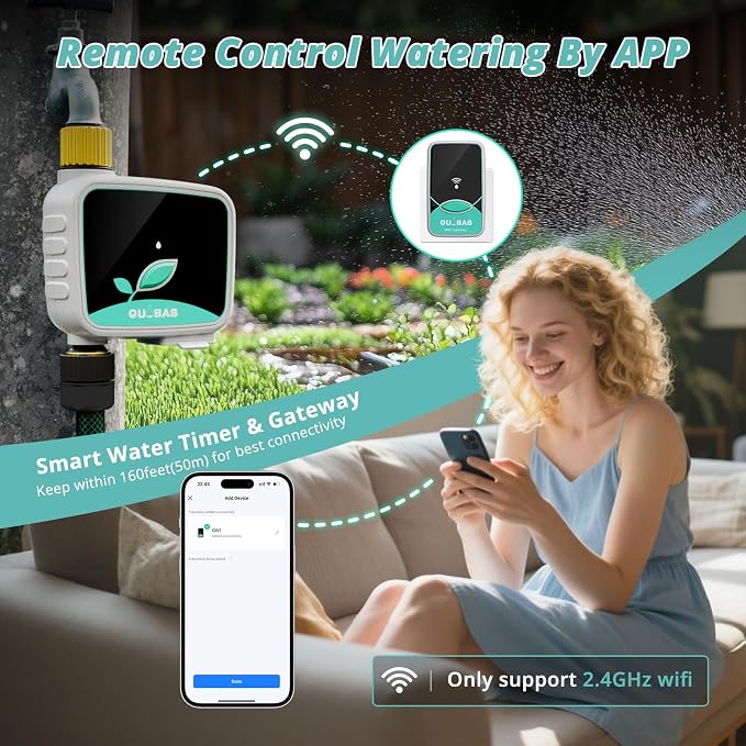 QUOBAS WiFi Water Timer for Garden Hose, 1 Zone Brass Smart Hose Timer with App Control & Rain Delay/Auto/Manual 3 Modes for Drip Irrigation, Pool & Lawn, Battery Powered, 2.4GHz WiFi Only