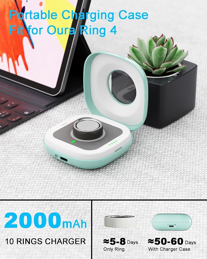 Portable Charging Case Compatible with Oura Ring 4 Charger, Fits All-Sized Ring Gen 4, Up to 10 Ring Charges,Green (Official Charger NOT Included)
