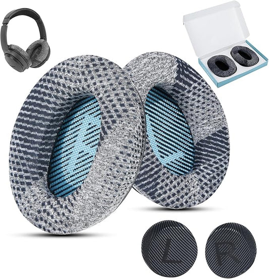 Cooling Gel Fabric Replacement Ear Pads for Bose QuietComfort 35 / QC35 II, Fits QC25 QC15 QC2 AE2i AE2w SoundLink & SoundTrue - Includes Blue & Black Gasket with Gift Box