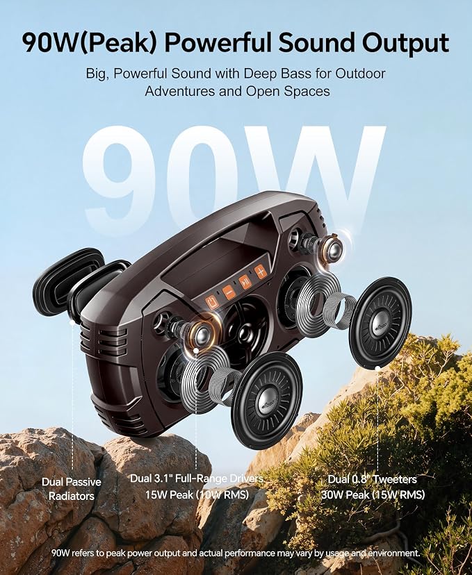 IPX7 Waterproof Outdoor Bluetooth Speaker, Wireless, 90W(Peak), 32H Playtime, Floating Design, Deep Bass & Loud Stereo Sound, Portable with Handle, Rugged for Pool, Beach, Kayaking, Hiking, Dark Brown